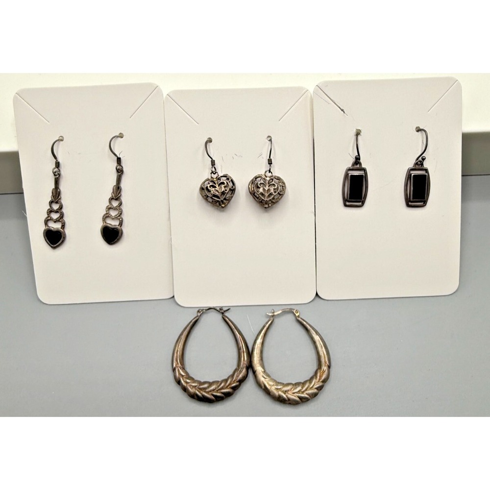 Vintage 925 Silver & Black Dangle/Hoop Earrings Lot of 4 Art Deco Heart Braided